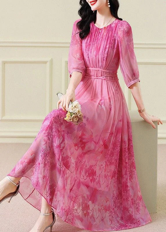 Classy Pink Print Wrinkled Tie Waist Chiffon Maxi Dresses Half Sleeve