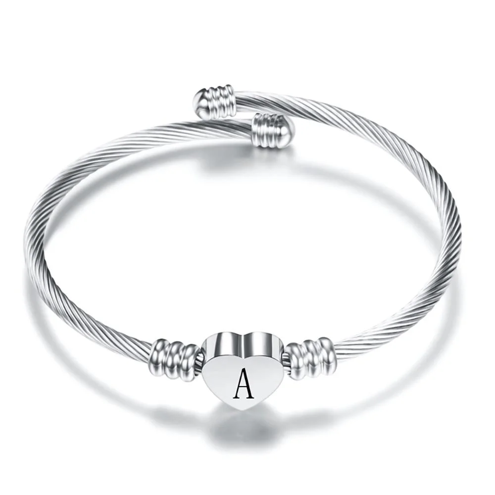 Adjustable Bangle Bracelet With Initial Letter Personalized Heart Charm