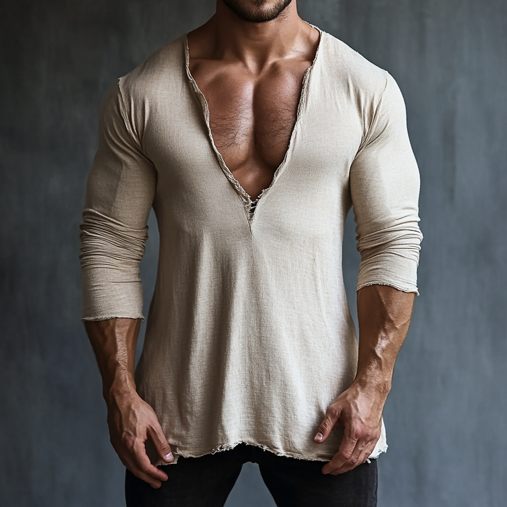Men's Casual V-neck Comfortable Breathable Linen Long Sleeve T-shirt Pullover Top