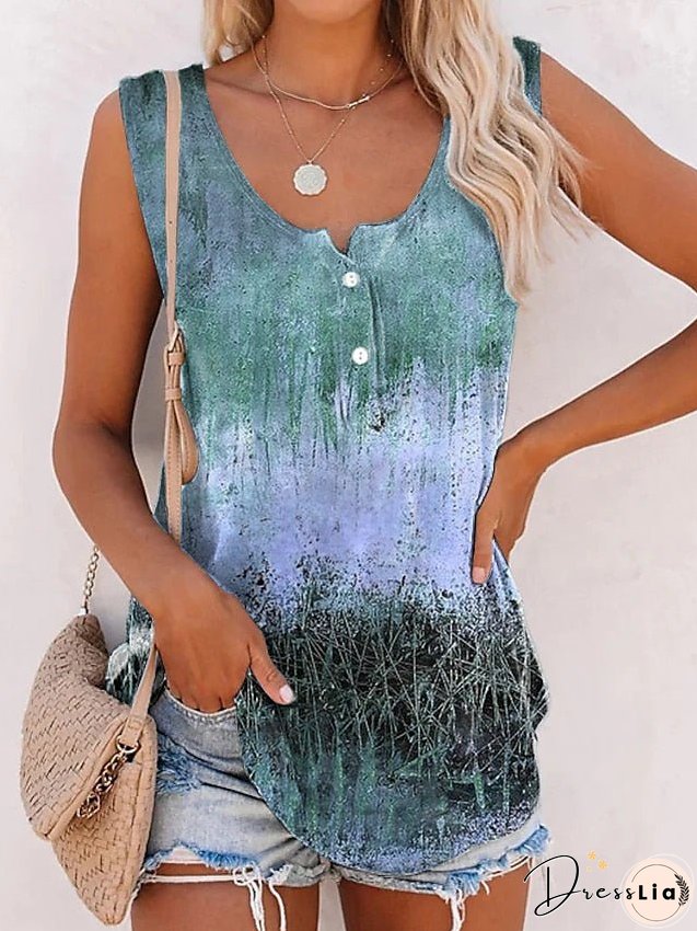Tank Top Blue Purple Green Graphic Button Print Sleeveless Casual Weekend Basic Round Neck Regular S for Women