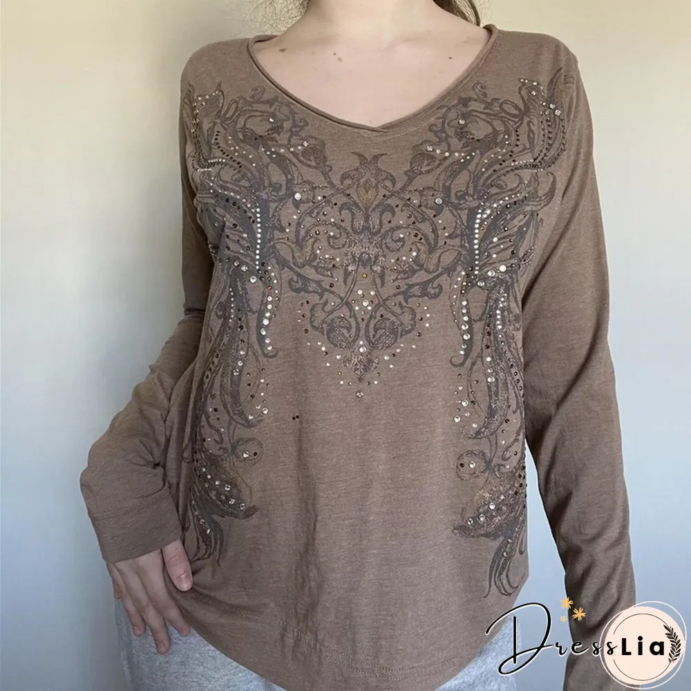 Aesthetic T Shirt Women Brown Floral Pattern V Neck Long Sleeve Tops Y2k Fairycore Grunge Clothes Streetwear