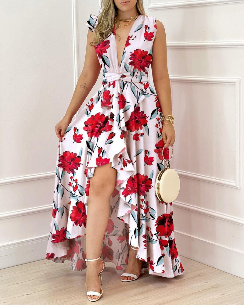 LANFUBEISI 2022 Casual Summer Women Dress Red Print V-Neck Sleeveless Ruffle Elegant Beach Party Lady Irregular Slit Floor-Length Dresses LANFUBEISI