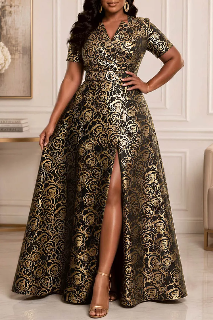 Xpluswear Design Plus Size Formal Gold Short Sleeve Pocket Split Satin Maxi Dresses Gold-2XL/18-20