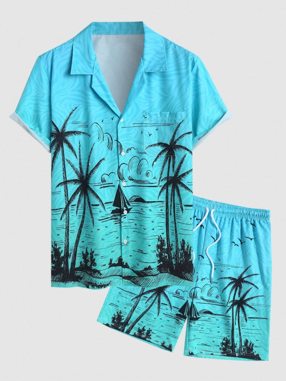 Collared Landscape Printed Short Sleeves Shirt And Casual Shorts Set