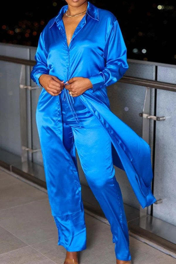 Solid Color Relaxed Side Split Pant Suit