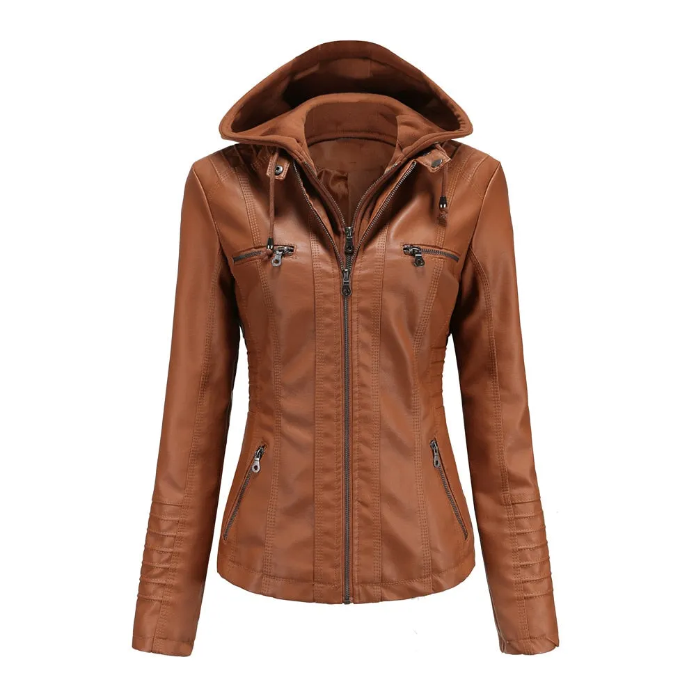 Autumn Winter Pu Faux Leather Jacket Black Women Street Moto Biker Leather Coat Hooded Jacket Lady Oversize Casual Outerwear