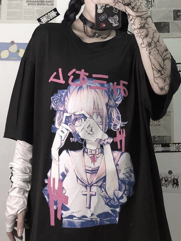 Harajuku Style Anime Girl Printed Crew Collar T-shirt