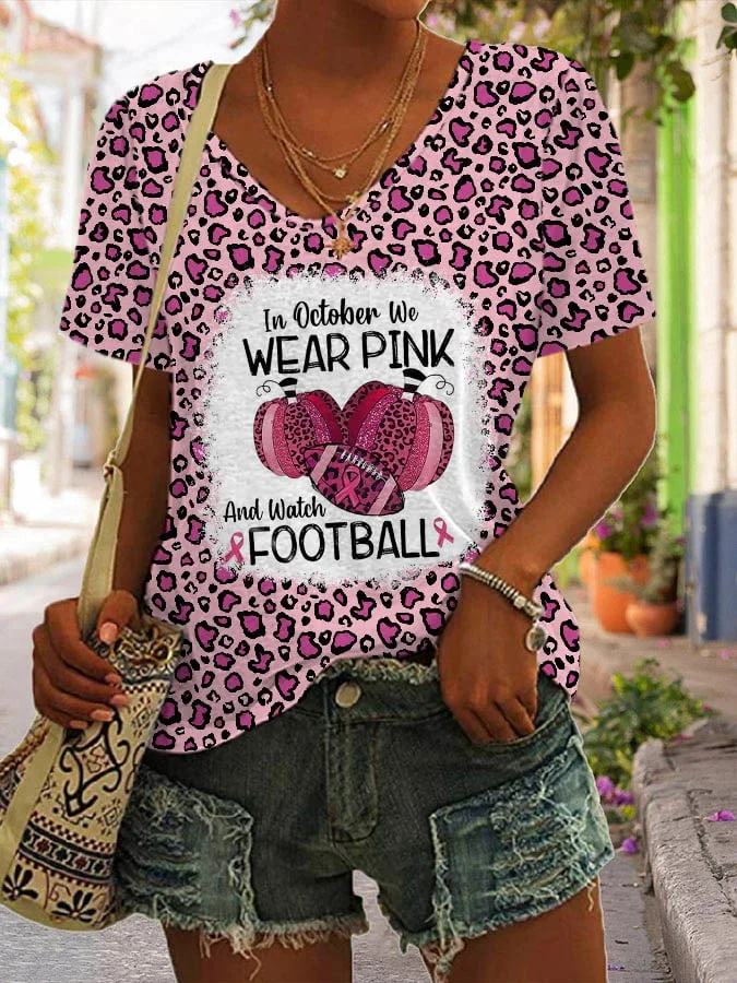Leopard In October We Wear Pink And Watch Football V-neck Print T-Shirt