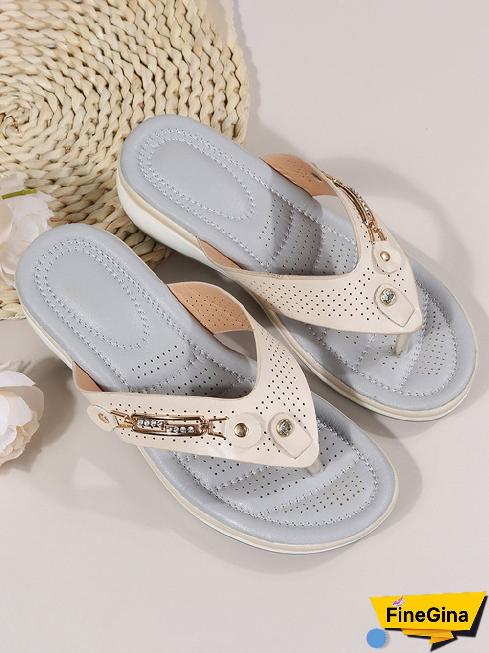 Metal Rhinestone Slope Heel Flip-Flops