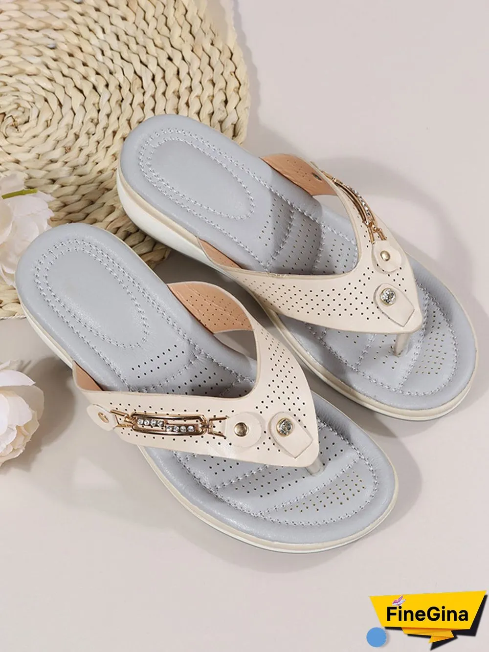 Metal Rhinestone Slope Heel Flip-Flops