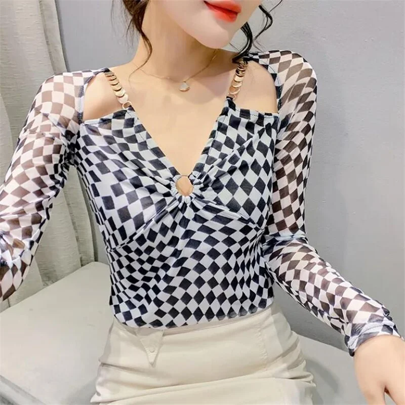 Fashion Mesh Top  T-shirt Women Long Sleeve Tees V-neck Sequin Suspenders Thin Bottoming Checkered Printing Female T-shirt