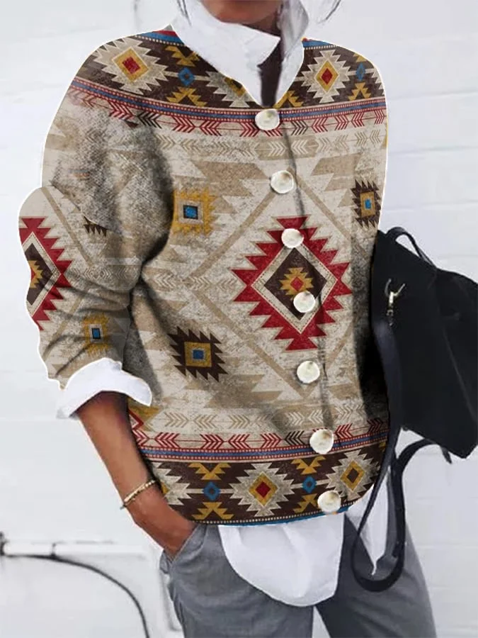 Women's Retro Western Print Plush Cardigan