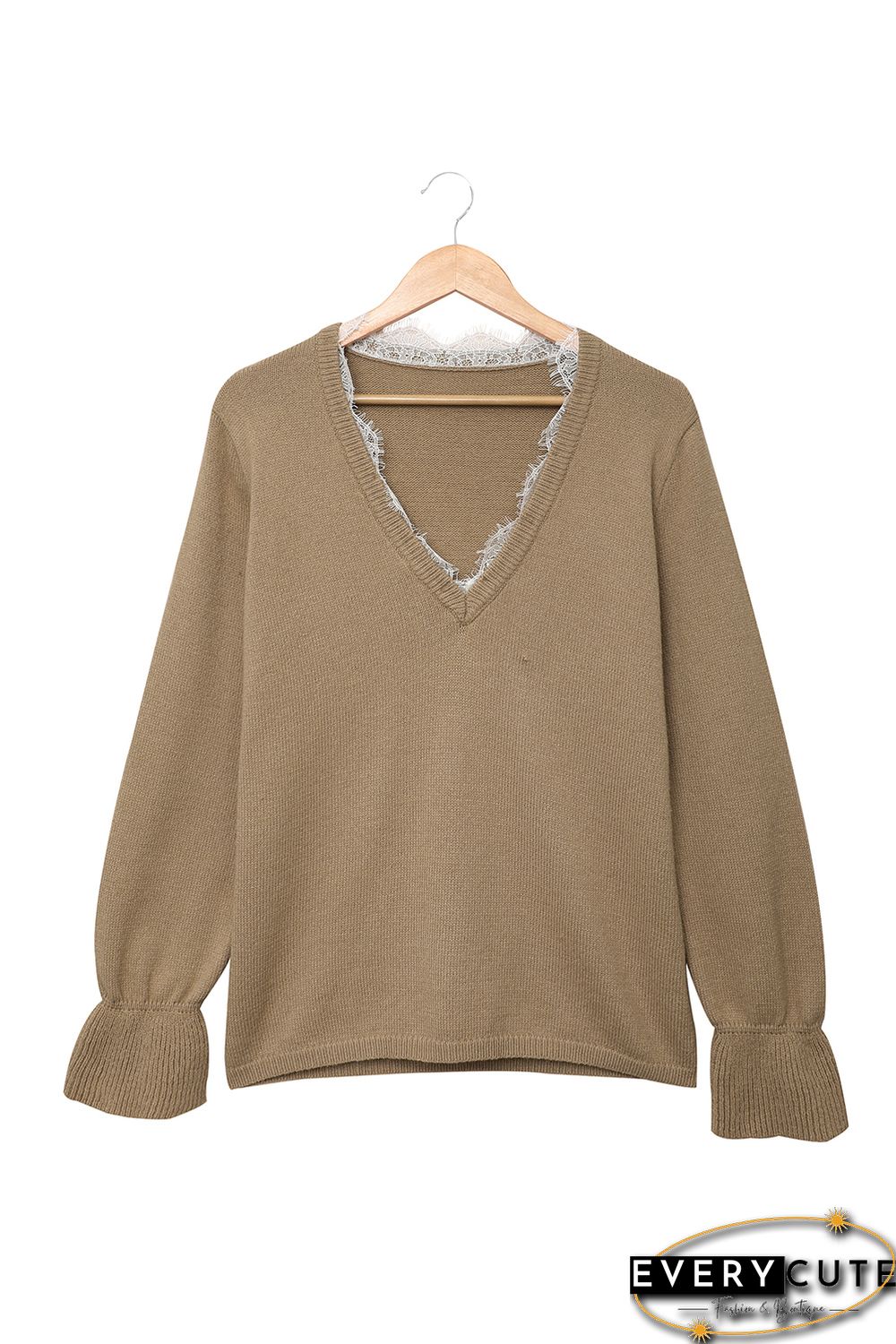 Khaki Eyelash V Neck Knitted Sweater
