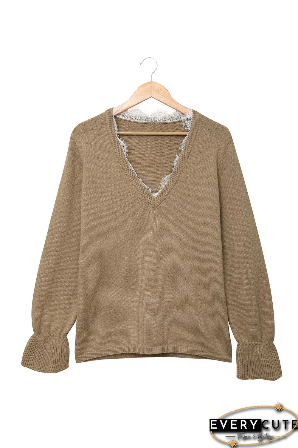 Khaki Eyelash V Neck Knitted Sweater