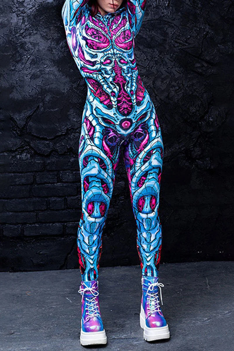 Punk Print Skull Split Joint Hooded Collar Regular Jumpsuits