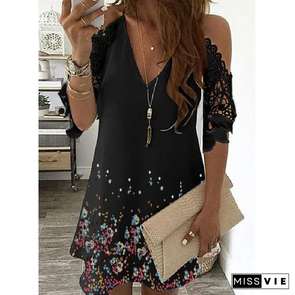 Half Sleeves Print Floral Dress Women Causal Off Shoulder Midi Dress V Neck Lace Casual Party Dresses Plus Size