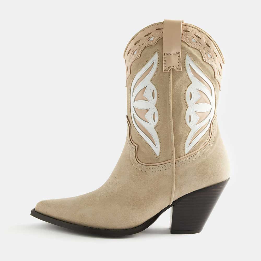 Beige Faux Suede Pointed Toe Chunky Heel Butterfly Cowgirl Boots Nicepairs