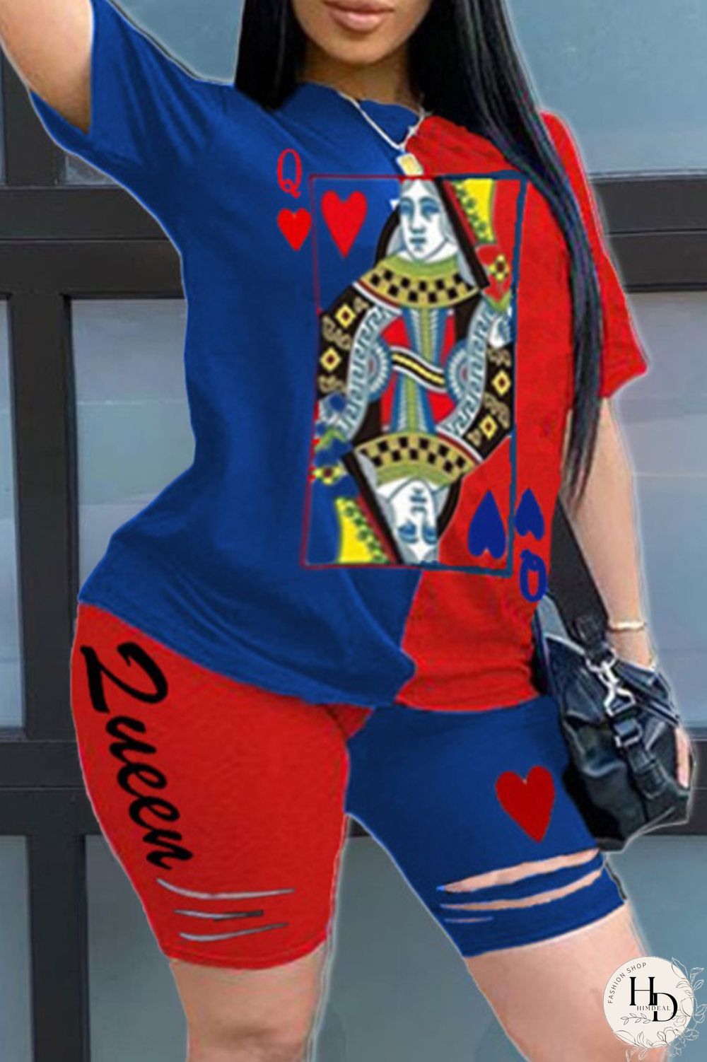 Black and red Fashion Casual Print Two Piece Suits O Neck Plus Size Two Pieces