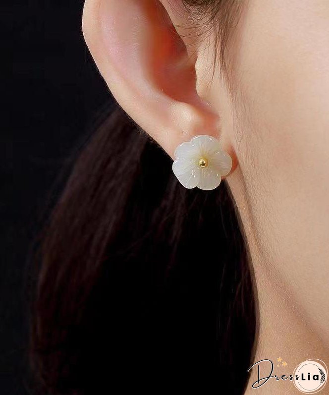 Simple White Sterling Silver Inlaid Jade Floral Stud Earrings