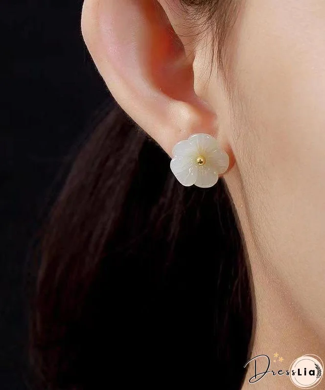 Simple White Sterling Silver Inlaid Jade Floral Stud Earrings