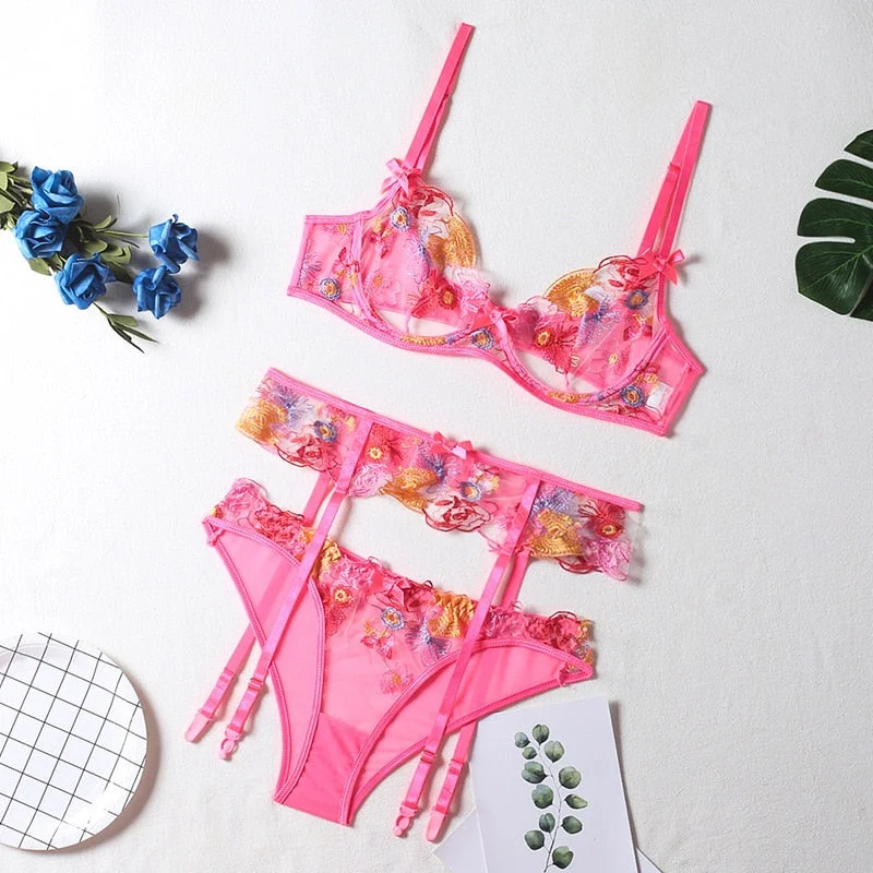 Embroidery Floral Erotic Lingerie Women Thin Lace Transparent Push up Bra Set Sexy Bra+Garters+Thong 3 Pcs Exotic Underwear Sets