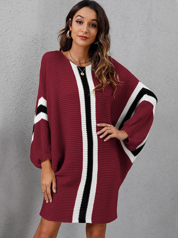 Original Loose 4 Colors Striped Round-Neck Batwing Long Sleeves Sweater Dress