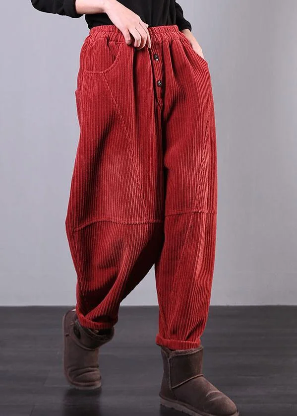 Modern Red Women Pants Oversize Fall Corduroy Pockets Cotton Casual Pants