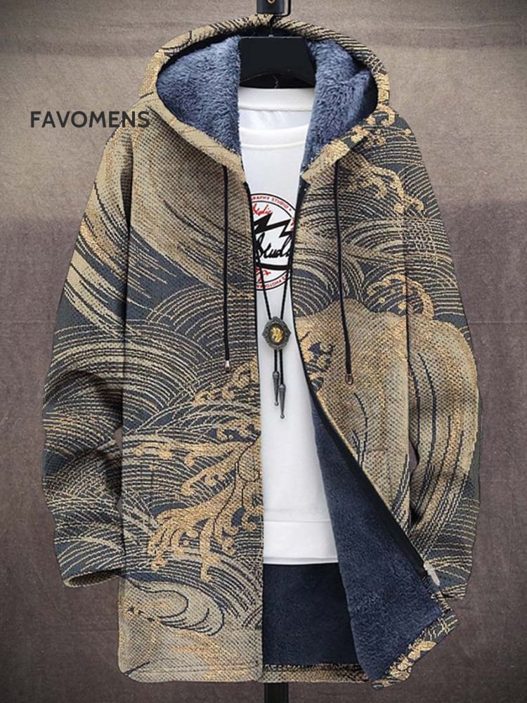 Vintage Japanese Art Ukiyoe Wave Print Unisex Plush Thick Long-Sleeved Sweater Cardigan Coat
