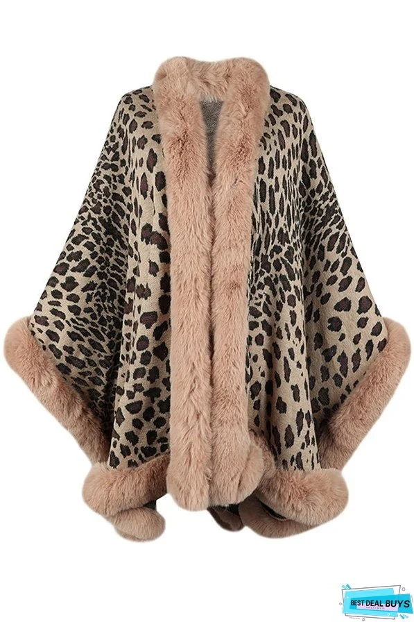 Leopard Print Fashionable Raw Edge Shawl Cape Cardigan
