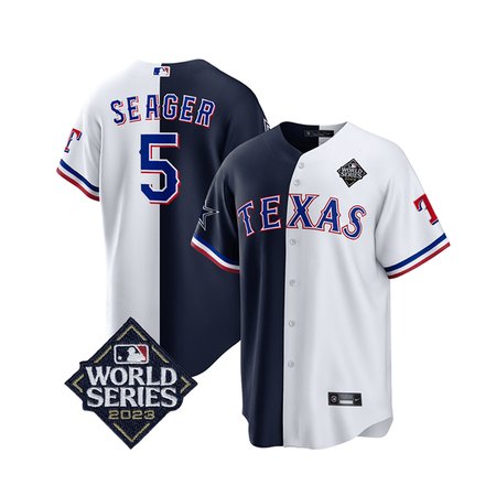 Men's Texas Rangers & Cowboys #5 Corey Seager Navy/White 2023 World Series Splite Stitched Baseball  Jersey