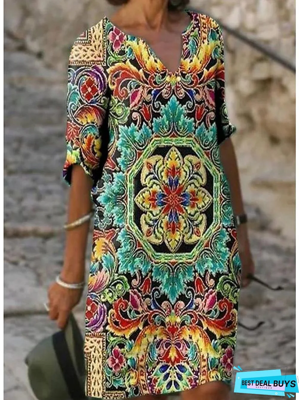 Women's Shift Dress Knee Length Dress - Half Sleeve Floral Print Summer V Neck Hot Casual Vacation Dresses Loose Green