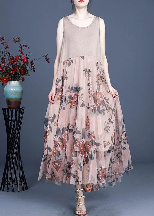 Vintage Pink Print Lace Dress O-Neck Sleeveless Summer Dresses