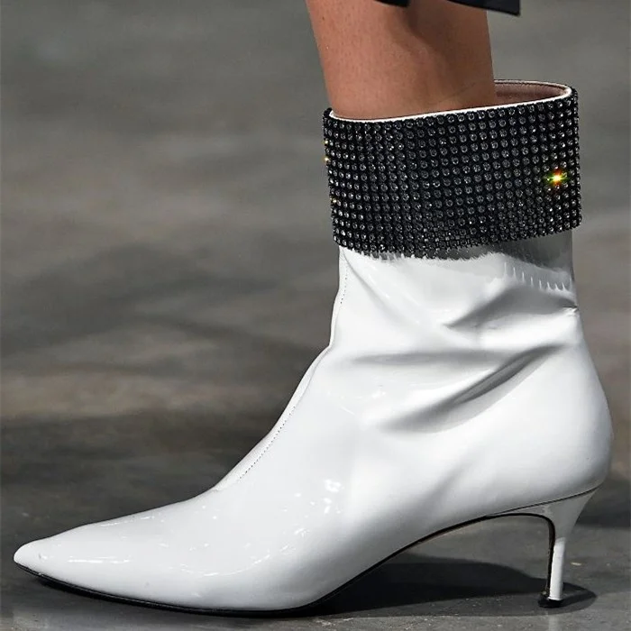 White Rhinestone Ankle Booties with Pointy Toe and Kitten Heel Vdcoo
