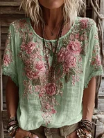 Women's Pink Rose Embroidery Art Round Neck Short Sleeve Linen Blend T-shirt - Image 6