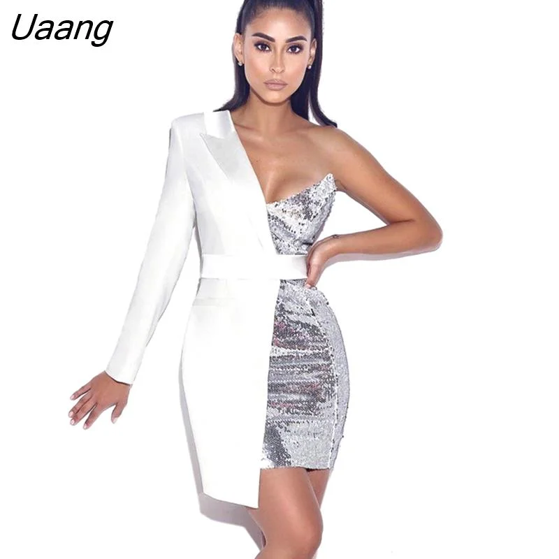 Uaang Quality Red Silver Night One Sleeved Sequin Crepe Tuxedo Blazer Dress Vesdioes