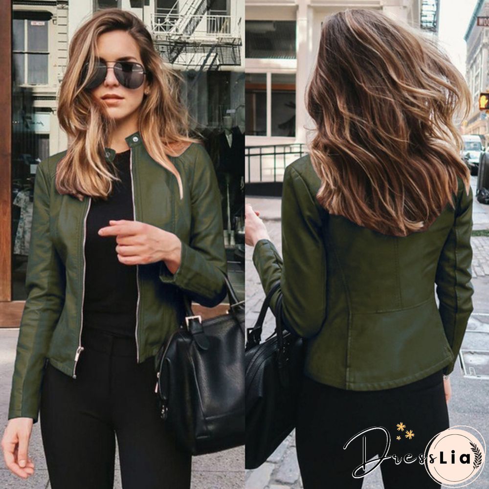 Women Spring Zipper Casual PU Leather Soft Motorcycle Leather Jacket Coat