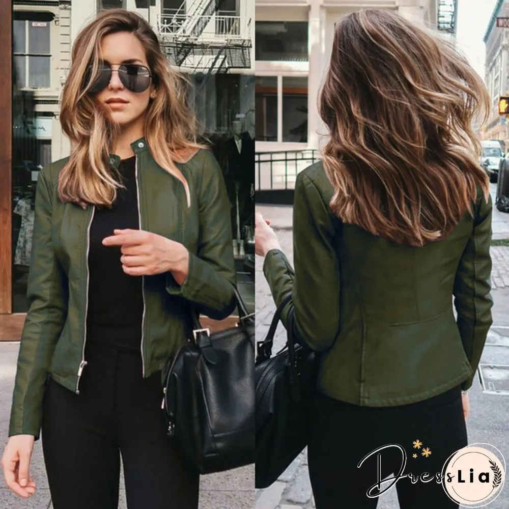 Women Spring Zipper Casual PU Leather Soft Motorcycle Leather Jacket Coat