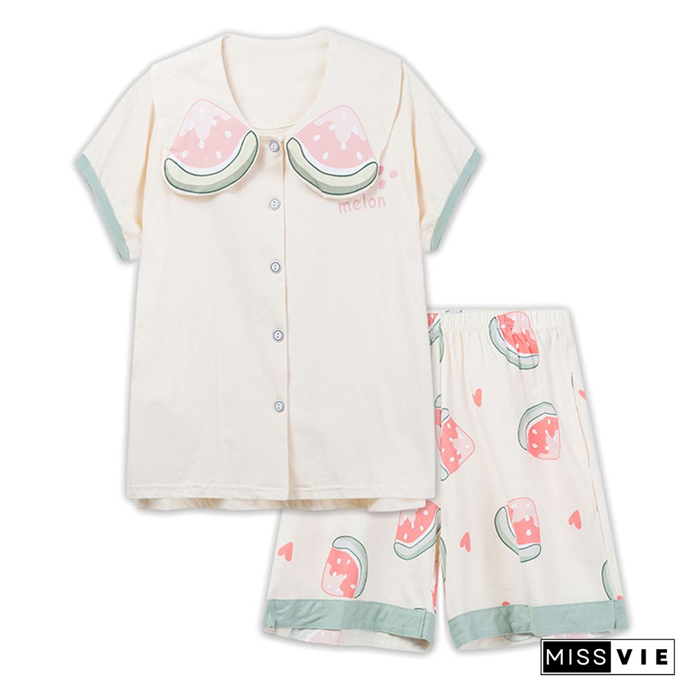Cartoon Animal Fruit Print Cotton Pocket Pajamas Set
