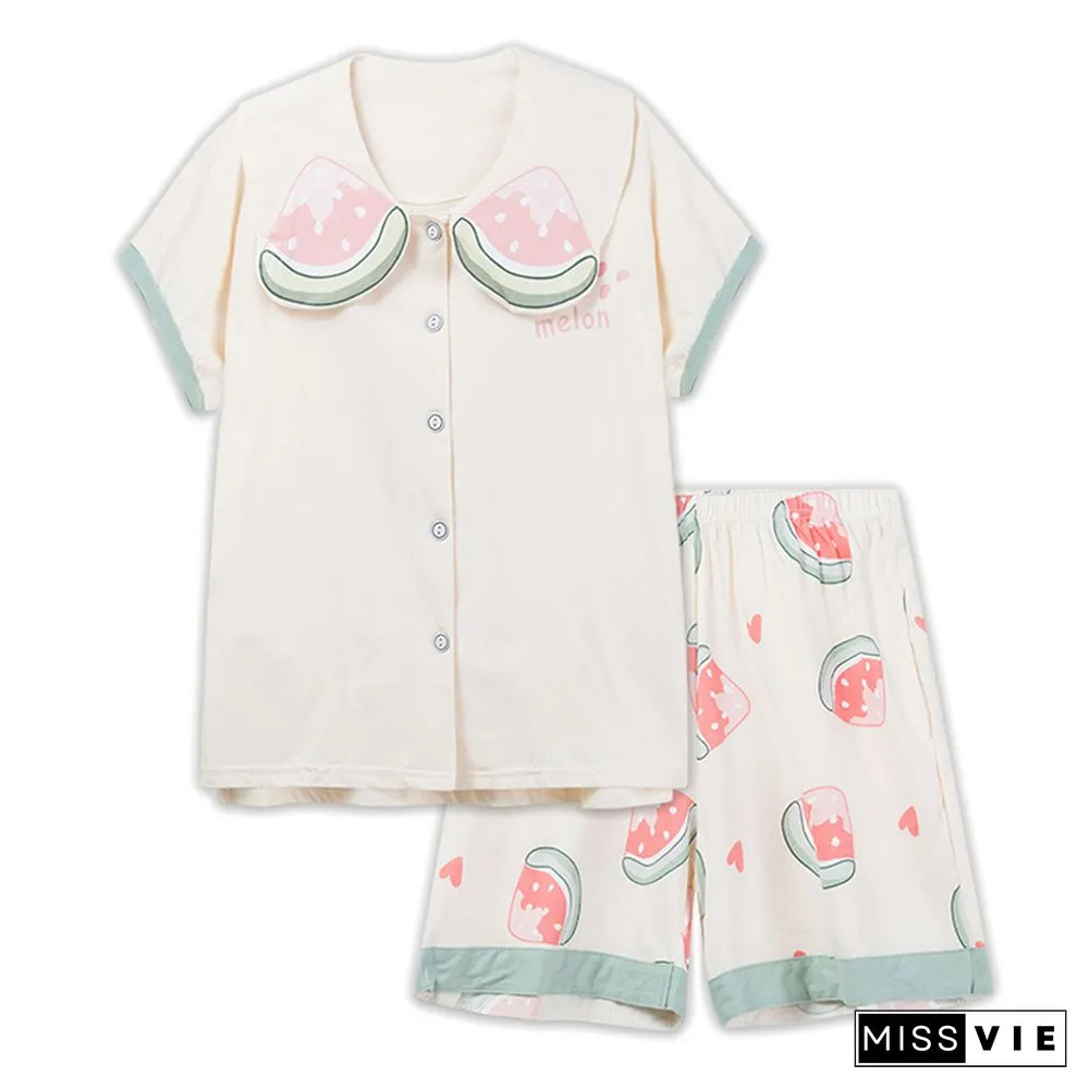 Cartoon Animal Fruit Print Cotton Pocket Pajamas Set