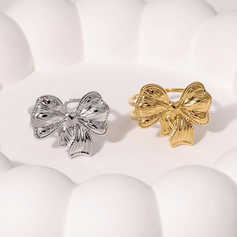 Cute Sweet Minimalist Bow Knot 304 Stainless Steel 18K Gold Plated Open Rings