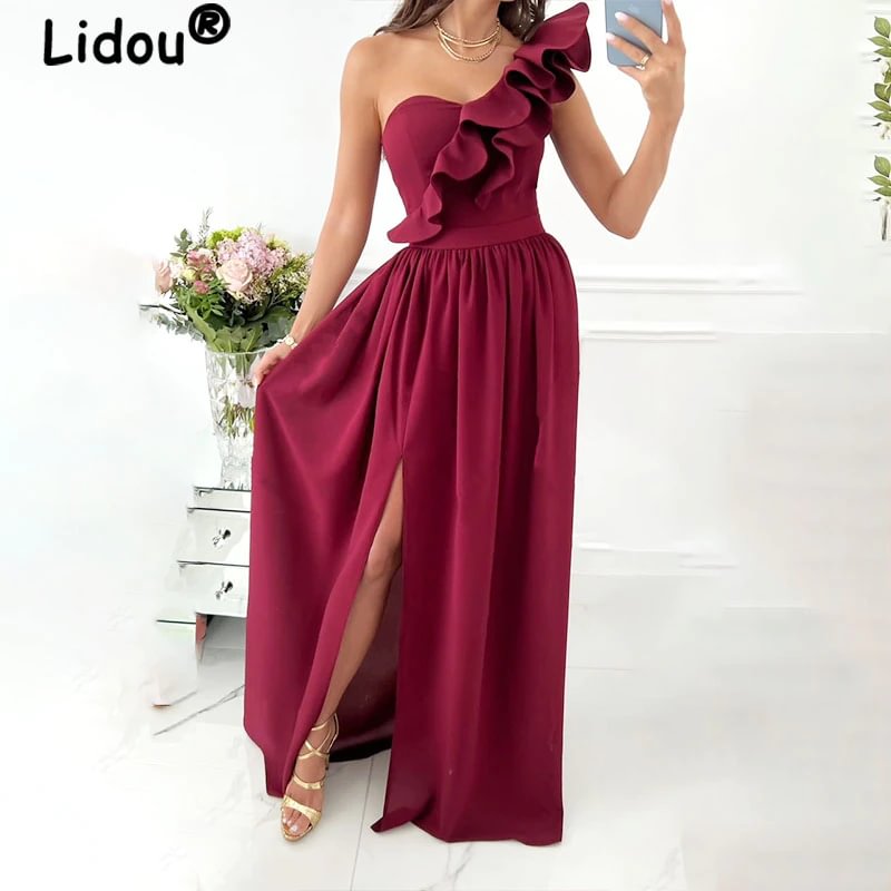 Uveng Sexy Fashion Sleeveless Off Shoulder Slash Neck Ruffles Slit Maxi Dresses Grace Waist Evening Dresse Vestidos De Fiesta 420-0