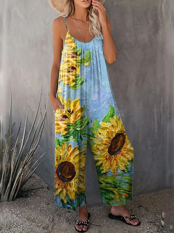 Sunflower Art Painting Printed Casual Wide Leg Jumpsuit