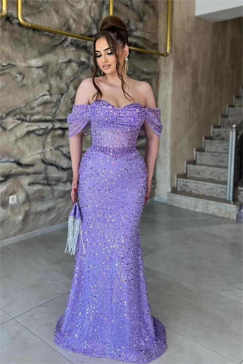Lvs&Broner Off the Shoulder Sequins Sweetheart Mermaid Long Prom Dress With Beadings