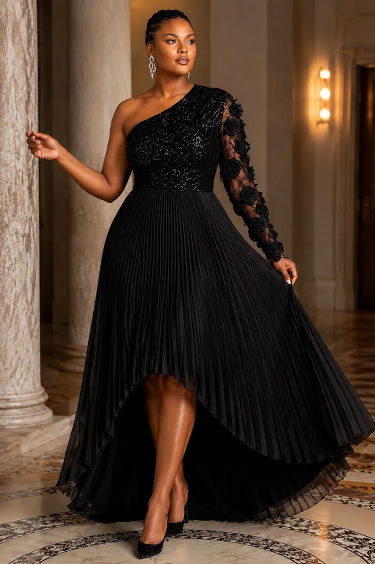 Xpluswear Design Plus Size Formal Black One Shoulder Long Sleeve 3D Pleated Sequin Maxi Dresses [Pre-Order] 2024 - Xpluswear
