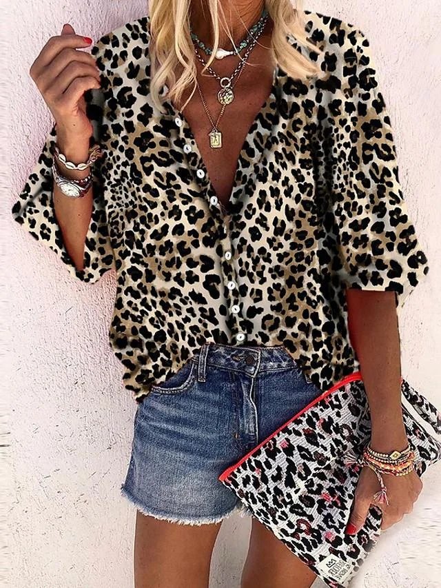 Women's Blouse Shirt Leopard Cheetah Print Long Sleeve V Neck Tops Basic Top Khaki-0203809