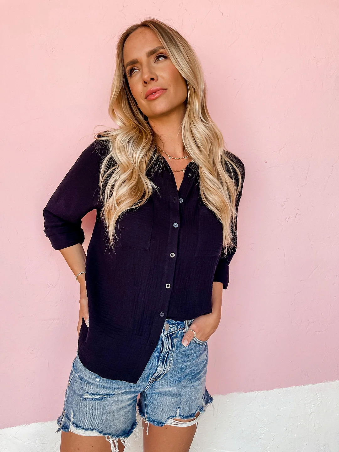 Kaili Button Up Gauze Top-Black