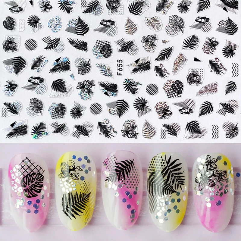 1 Sheet iridescent Nail Sticker Black leave 3D Transfer Beautiful Nail Decals Decoration Summer Popupar DIY Nail Design