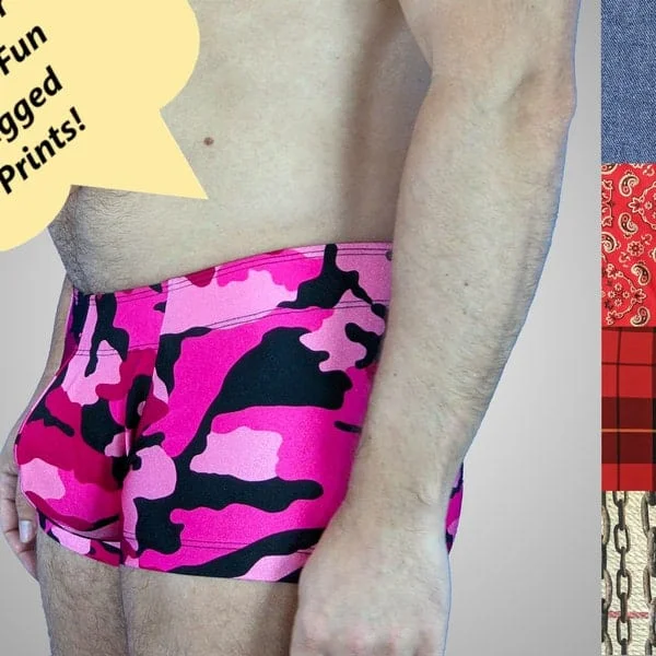 Pornhint Men's Pouch and Booty Swim Trunks in Rugged Prints, Plaid, Denim, Chains, Bandana, Square Cut Swimsuit with Enhancing Pouch and Butt Seam