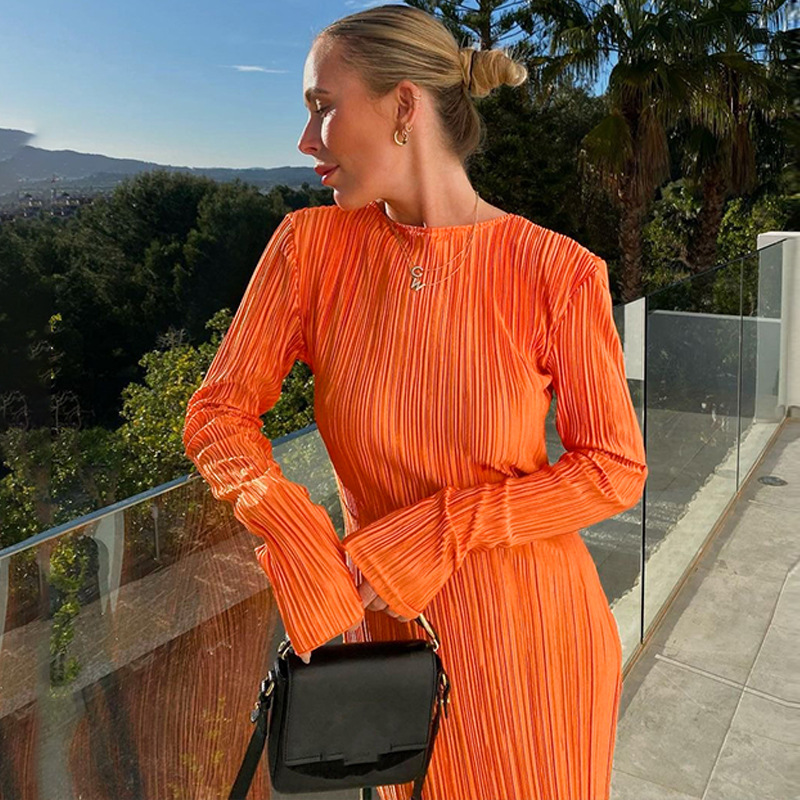 Ootddress Fashion Long Sleeve Loose Dress For Women Ribbed Casual Elegant Slim High Waist Streetwear Solid Ruffled Ladies Dress 2025