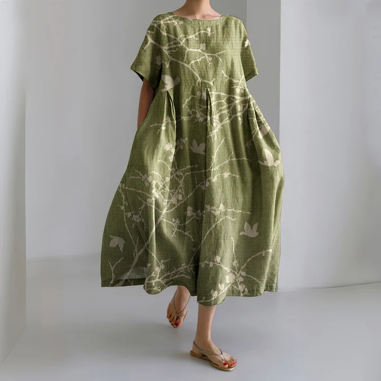 Utbros Japanese Flowers Art Linen Blend Casual Dress